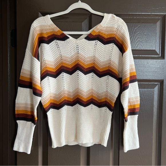 Jolie & Joy by FCT With Love Sweaters - Striped V-Neck Sweater in Cream, Brown, and Orange